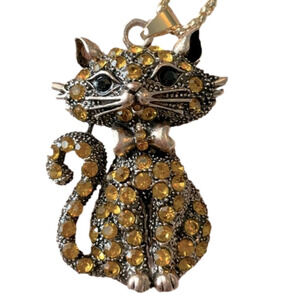 Betsey Johnson Gold Brown Alloy Crystal Kitten Necklace